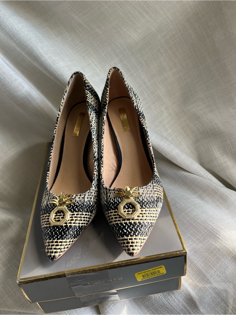 Louise et Cie Black and Cream Woven Pointed Pumps with Gold Pineapple Detail